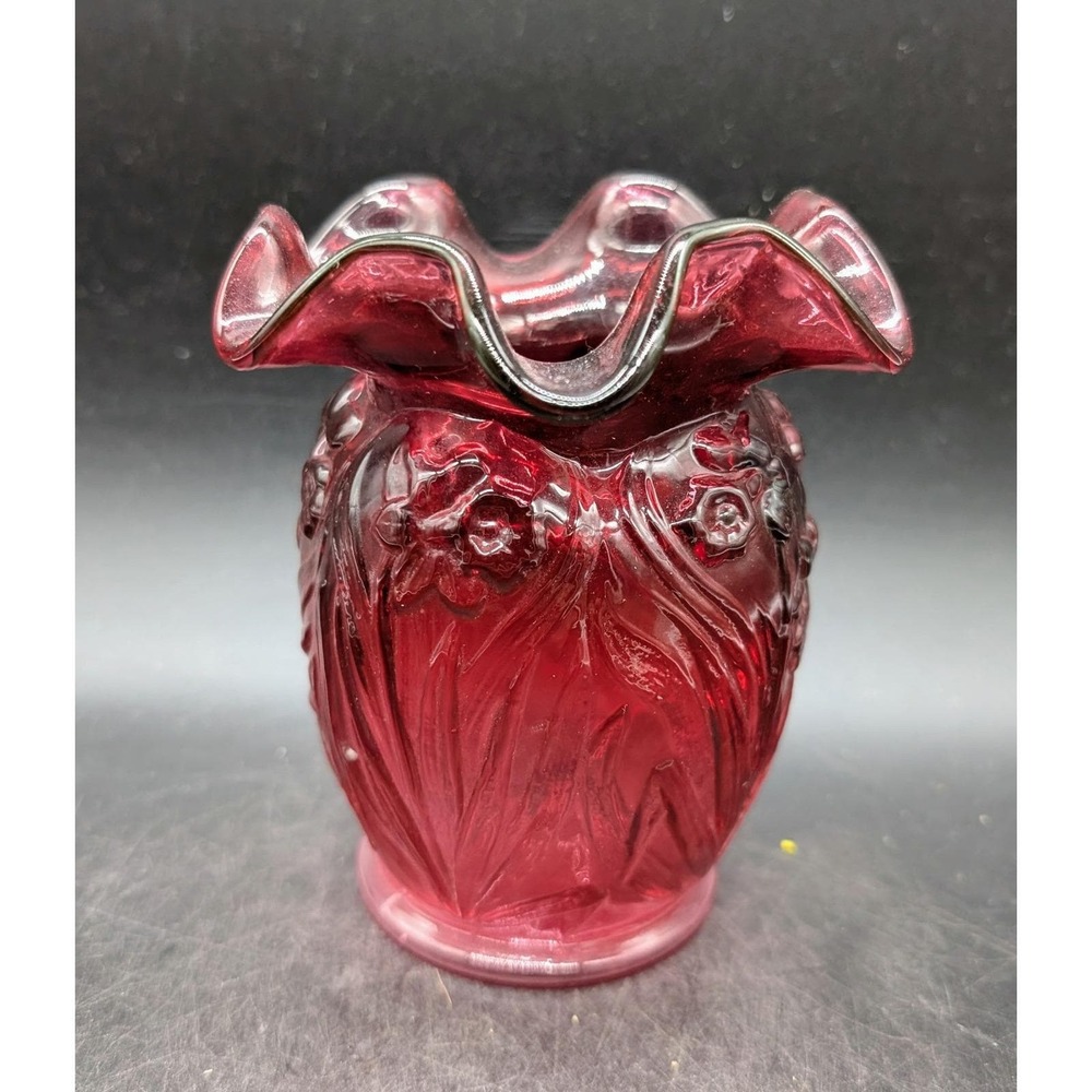 Vintage Fenton Cranberry Glass Floral Embossed Vase Ruffled Rim  5"